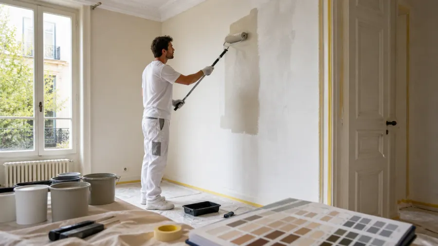 Peintre préparant un mur intérieur avec nuancier et protection de chantier