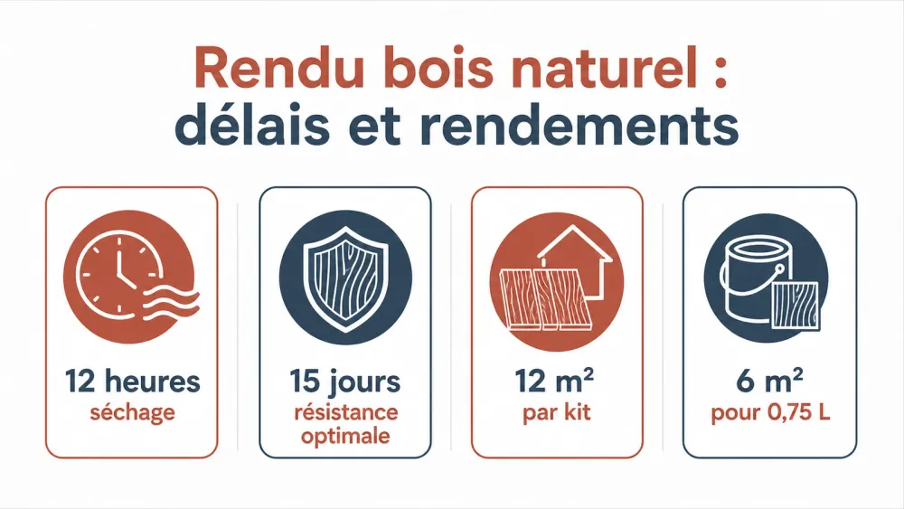 Infographie résumant les temps de séchage et les rendements de la peinture effet bois.