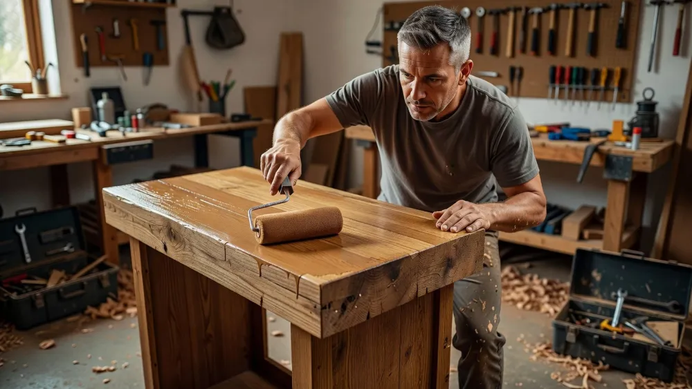 Un artisan passe la couche de finition sur un élément bois pour un effet grainé durable.