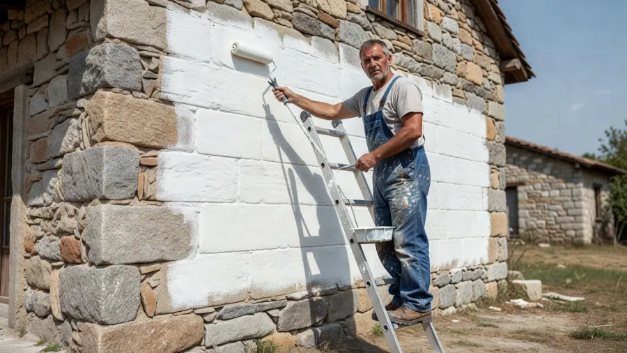 Peintre appliquant la peinture façade avec précision sur une maison en pierre par temps clair.