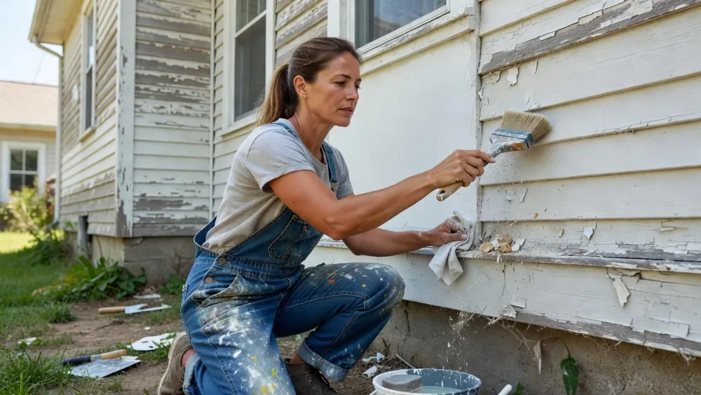 Préparation minutieuse du support avant application de la peinture sur la façade.
