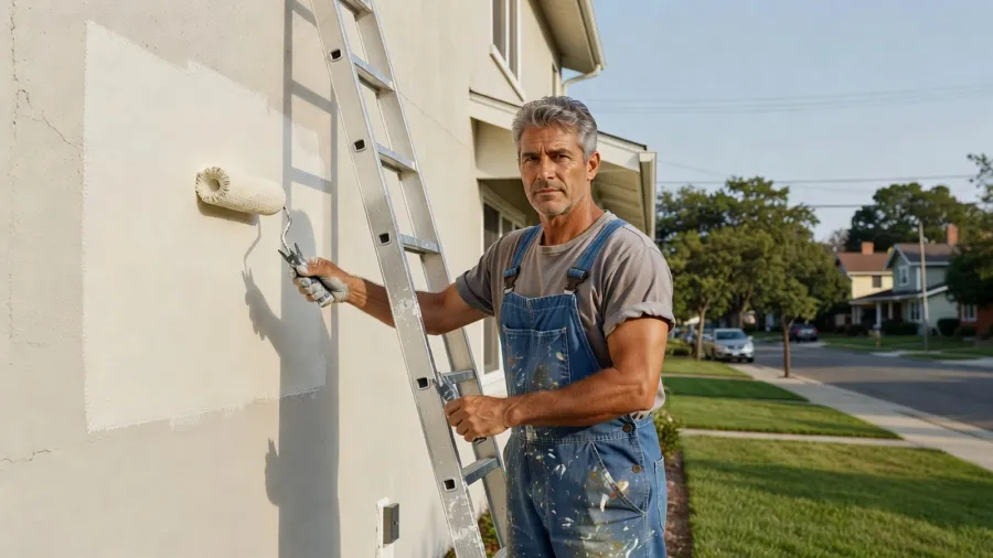 Un artisan applique la première couche de finition sur une façade extérieure avec un rouleau.