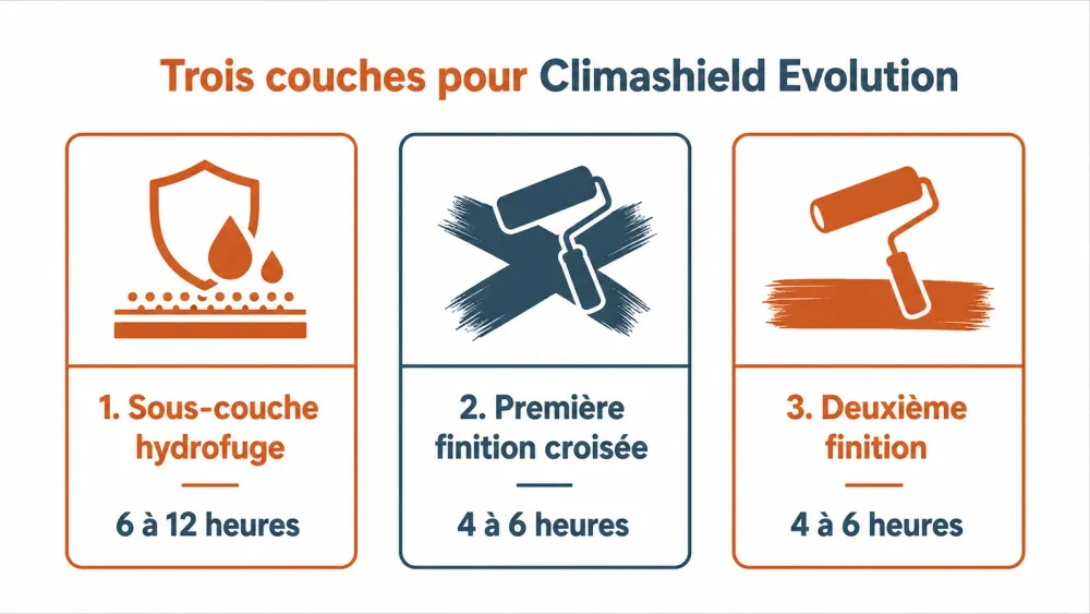 Schéma des trois couches et temps de séchage recommandés pour la Climashield Evolution.