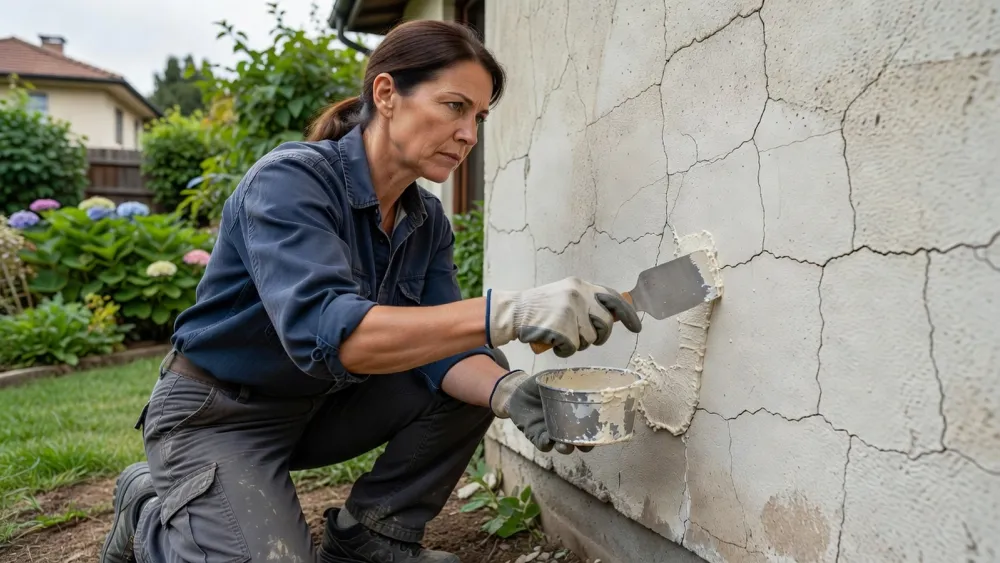 Une artisane prépare la façade en traitant les fissures avant l’application de la peinture.