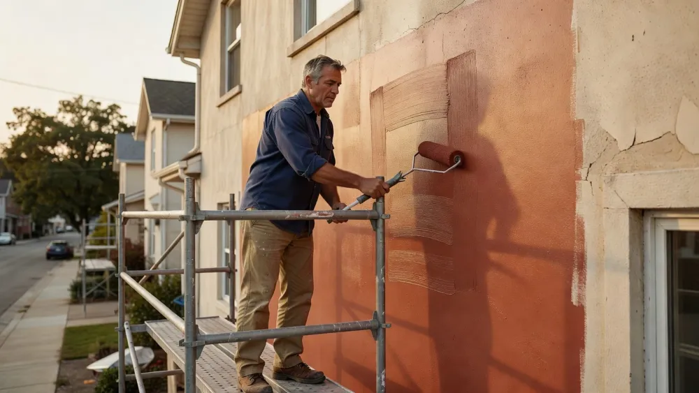 Application de la deuxième couche de finition en passes croisées sur la façade.
