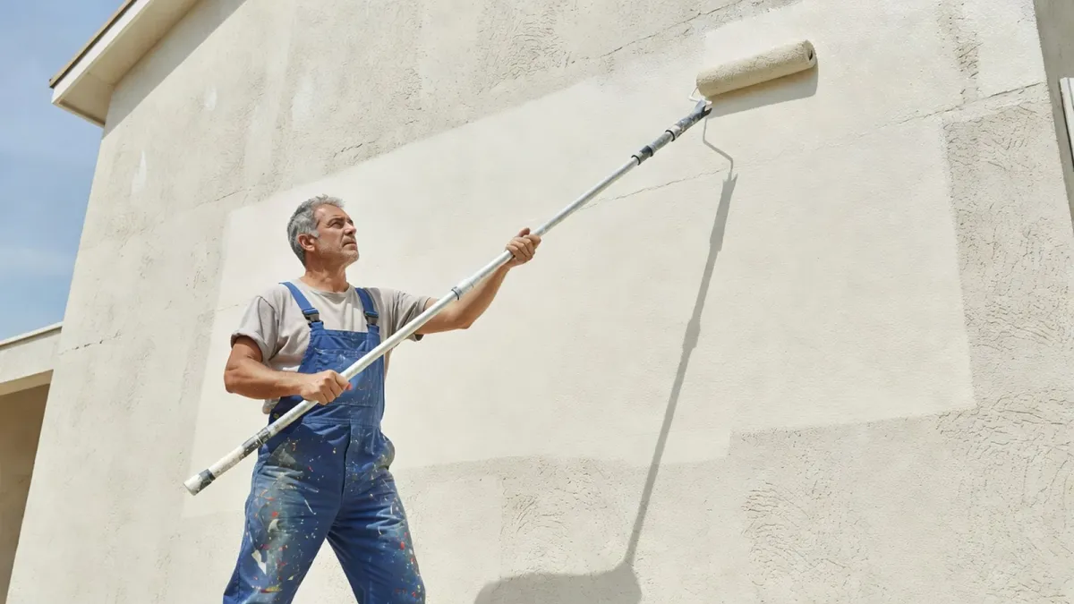 Un peintre professionnel applique la peinture sur la façade d'une maison par temps sec pour assurer un séchage complet.