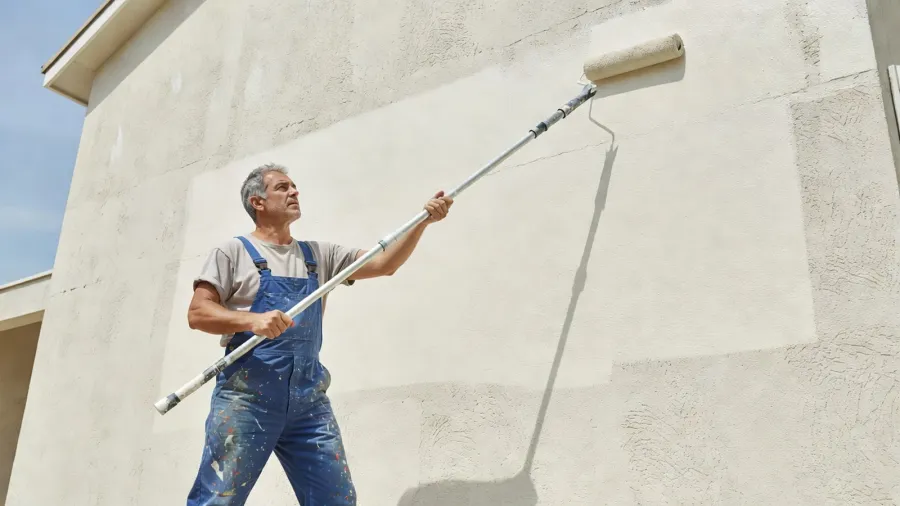 Un peintre professionnel applique la peinture sur la façade d'une maison par temps sec pour assurer un séchage complet.