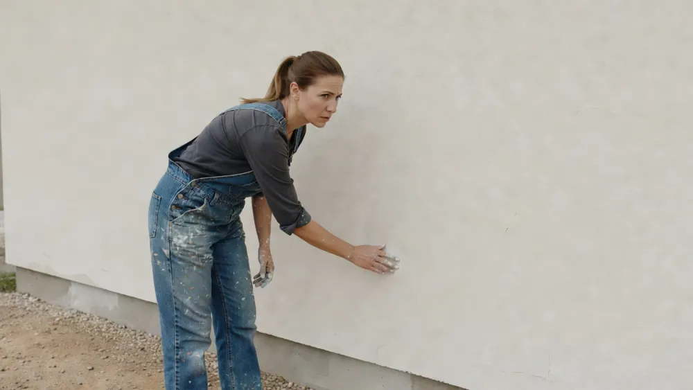 Une peintre vérifie la surface basse de la façade fraîchement peinte après application pour contrôler le séchage.
