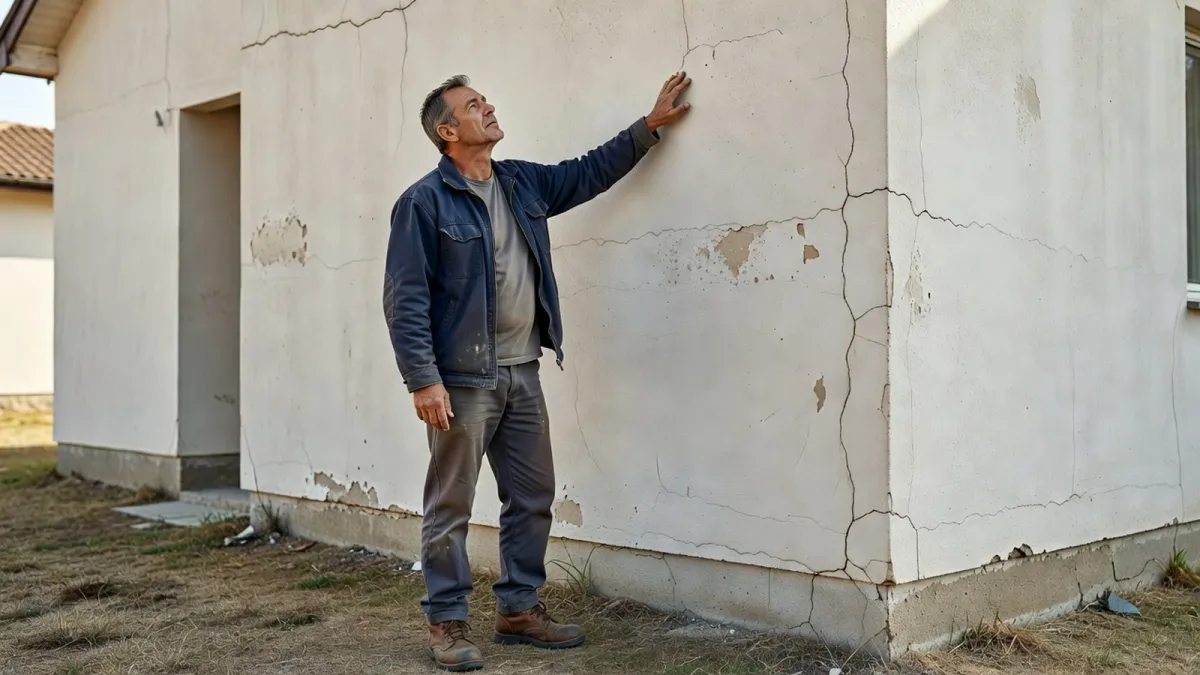 Un homme examine l'état d'une façade peinte après cinq ans d'exposition aux intempéries.