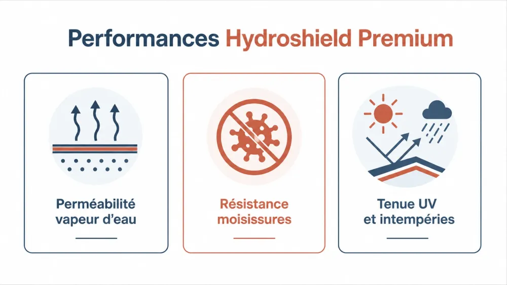 Schéma des quatre points clés de performance de la peinture façade Hydroshield Premium.