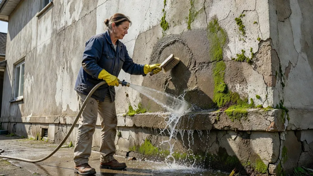 Une femme nettoie en profondeur le support d'une façade avant d'appliquer la peinture.
