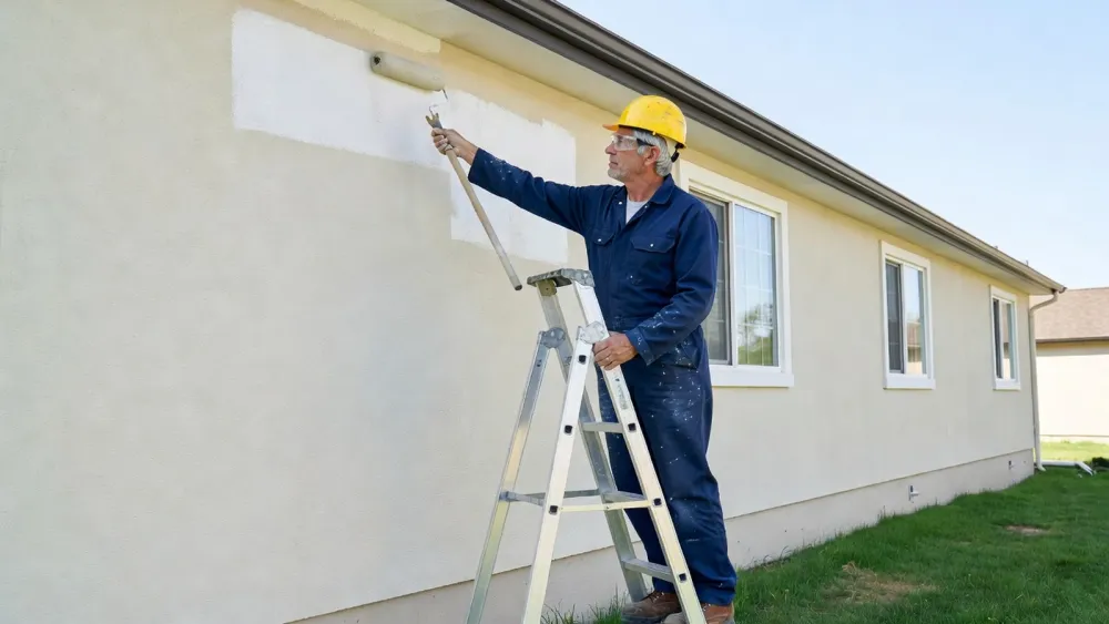 Un homme applique la peinture sur la façade avec un rouleau depuis une échelle.