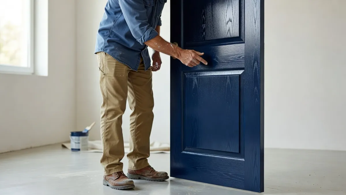 Artisan vérifiant le séchage au toucher sur une porte en bois fraîchement peinte à la glycéro.