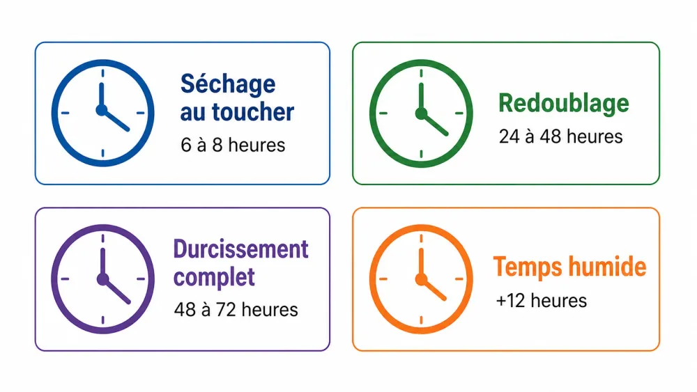 Schéma des délais de séchage pour peinture glycéro sur bois selon les étapes d'application.