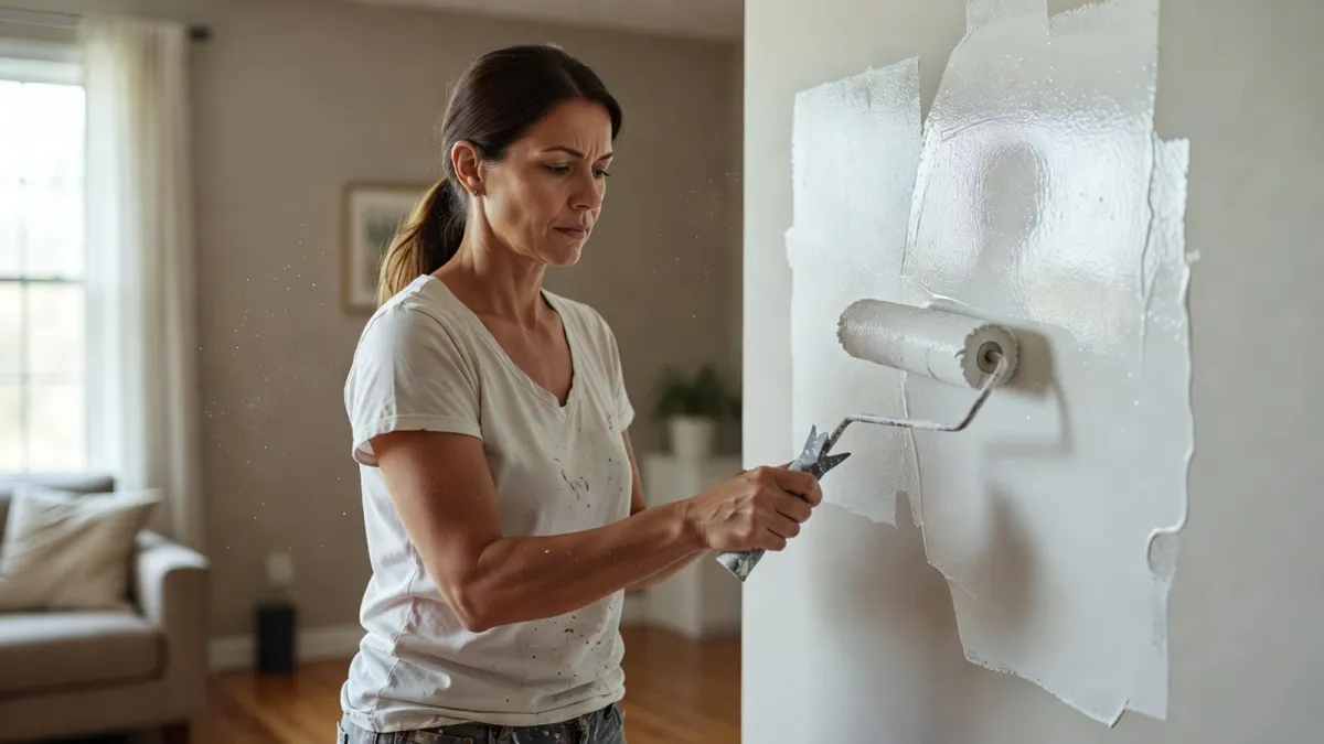 Une femme applique la peinture glycéro brillante sur un mur intérieur à l’aide d’un rouleau, la lumière du jour révélant la surface lisse et réfléchissante.