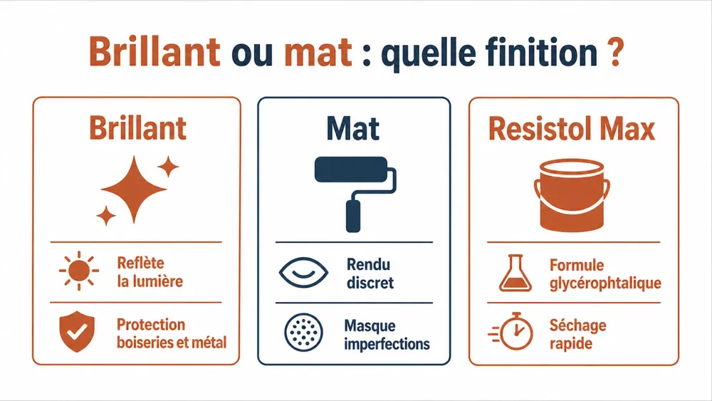 Tableau comparatif des finitions brillant et mat pour la peinture glycéro Resistol Max.