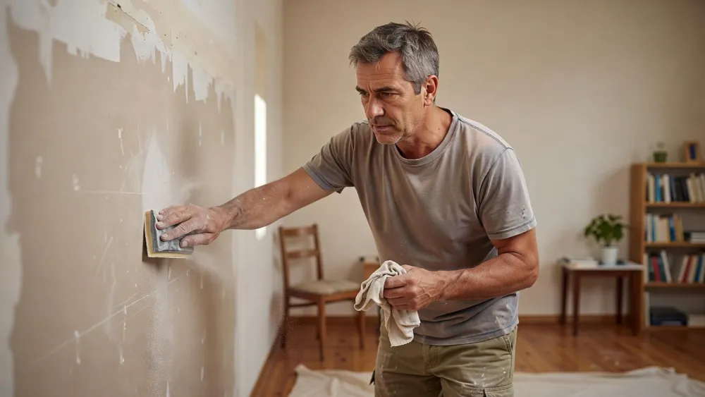 Un homme prépare soigneusement le support en ponçant le mur avant d’appliquer la peinture glycéro.