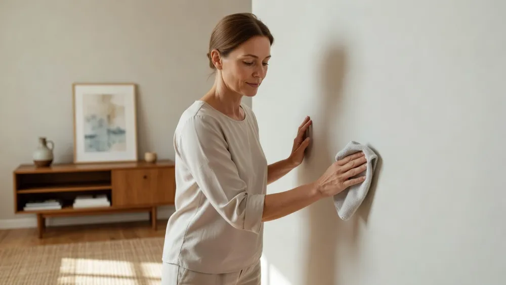 Une femme entretient la peinture glycéro mate avec un chiffon doux et de l’eau savonneuse pour préserver sa finition.