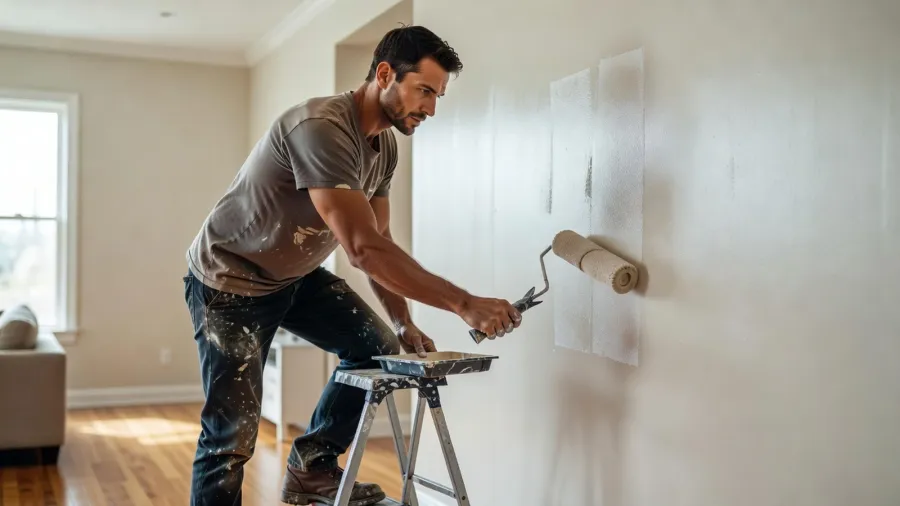 Peintre appliquant la peinture Guittet sur un mur intérieur pour vérifier le rendu mat et l’opacité.