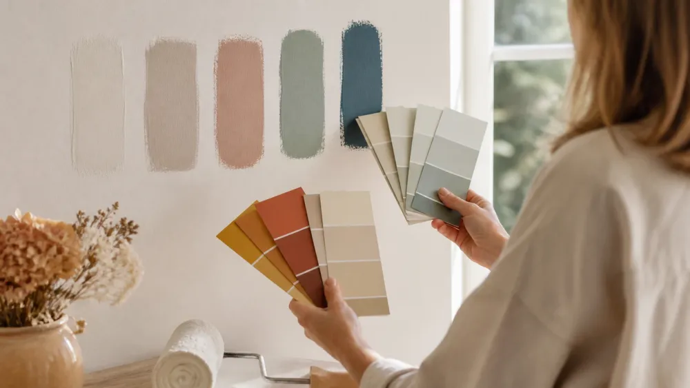 Nuanciers et rouleau pour choisir une peinture intérieure