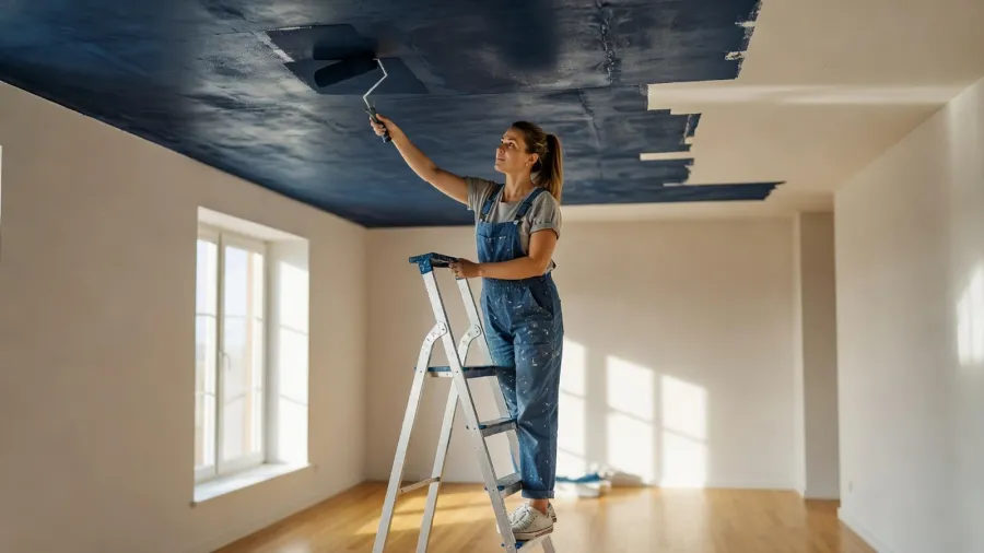 Femme appliquant la peinture velours au rouleau sur un plafond sous lumière rasante.