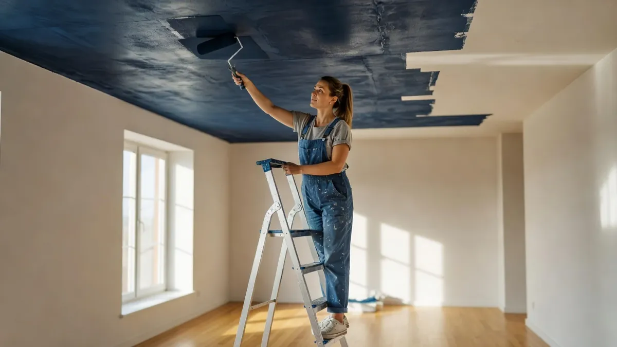 Femme appliquant la peinture velours au rouleau sur un plafond sous lumière rasante.
