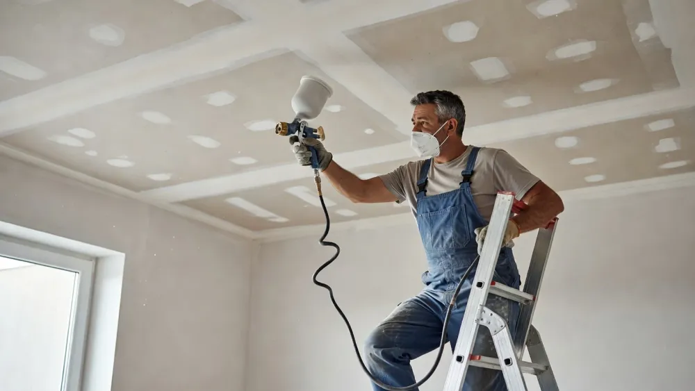 Homme réglant le pistolet pour projeter la peinture velours sur un plafond préparé.