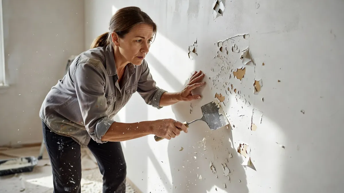 Une femme ouvre les cloques avec un grattoir sur un mur avant d'appliquer la deuxième couche.