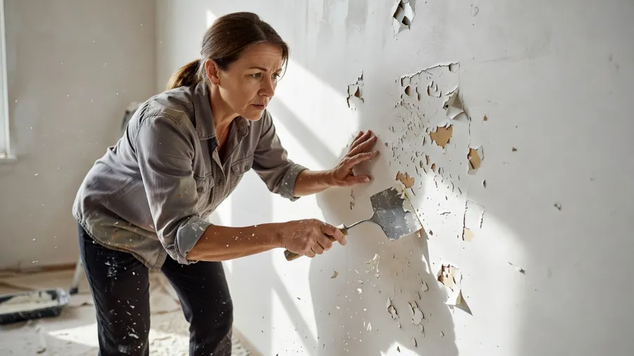 Une femme ouvre les cloques avec un grattoir sur un mur avant d'appliquer la deuxième couche.