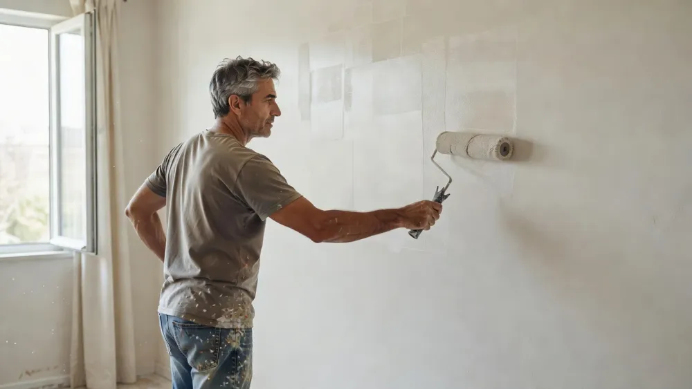 Un homme passe une fine deuxième couche sur un mur correctement préparé et aéré.