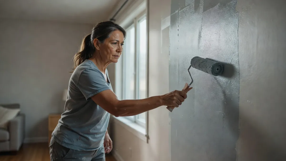 Une femme applique la peinture thermique sur un mur intérieur près d'une fenêtre pour limiter les parois froides.