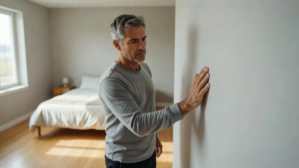 Un homme vérifie la température d'un mur après application de la peinture thermique.