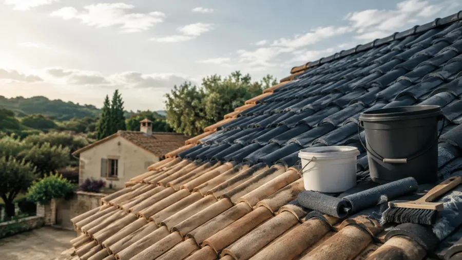 Toiture en tuiles préparée pour une peinture de rénovation extérieure