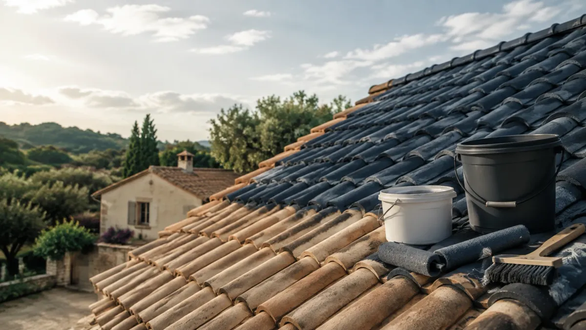 Toiture en tuiles préparée pour une peinture de rénovation extérieure