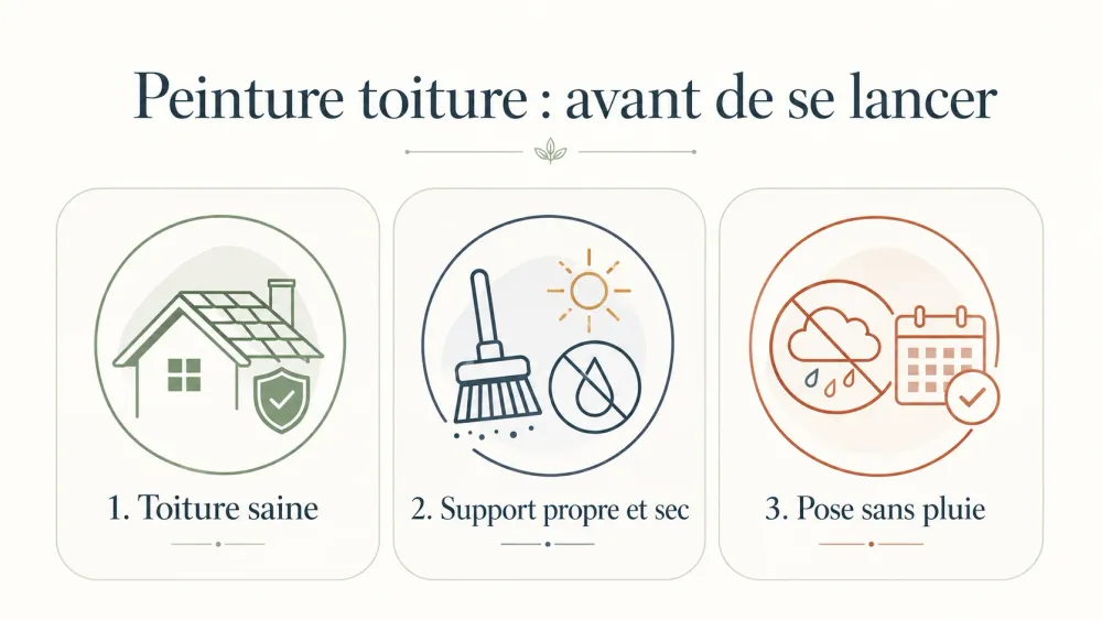 Infographie en français sur les trois vérifications avant une peinture de toiture
