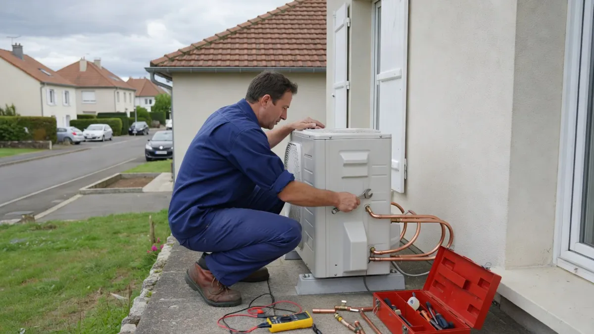 Technicien installant une unité extérieure de climatisation sur la terrasse d'une maison.
