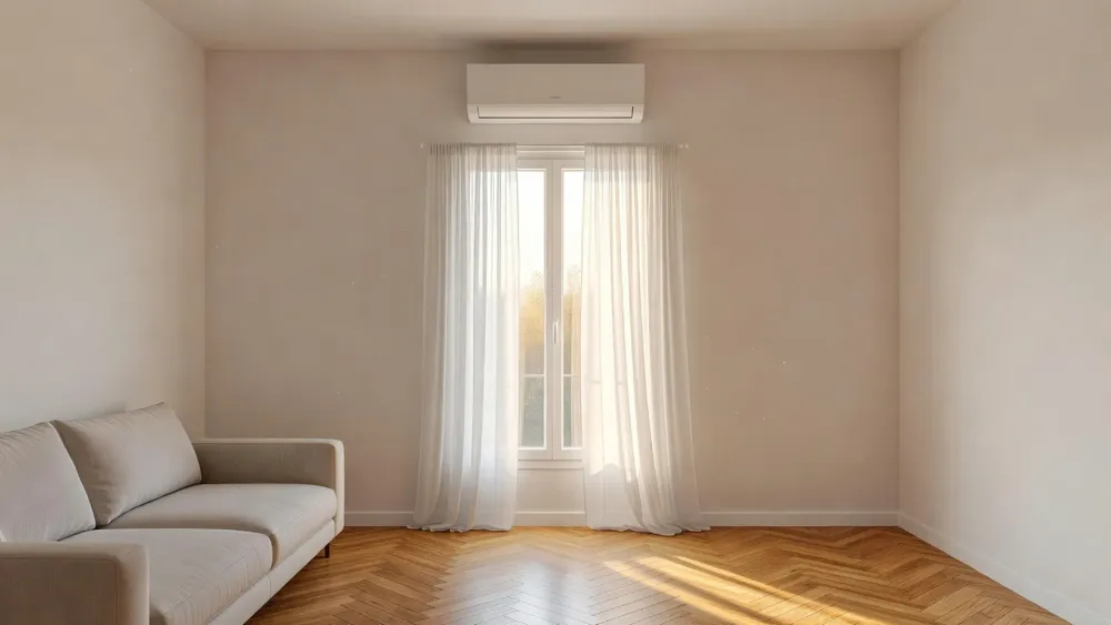 Unité intérieure de climatisation murale dans un salon lumineux.