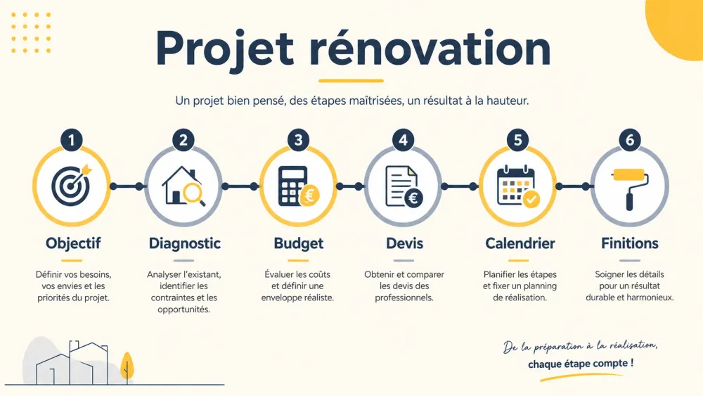 Infographie française des étapes d’un projet rénovation maison