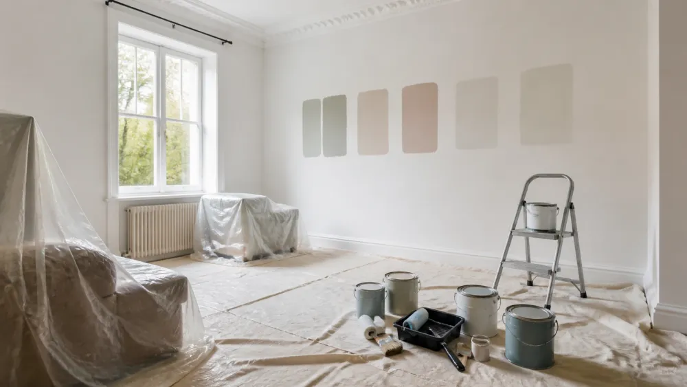 Pièce en rénovation avec protections et choix de peinture préparés