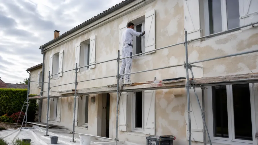 Maison française en rénovation extérieure avec façade en préparation