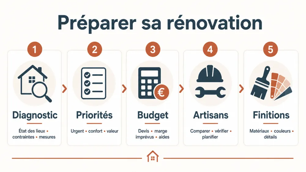 Infographie française sur les étapes pour préparer une rénovation de maison