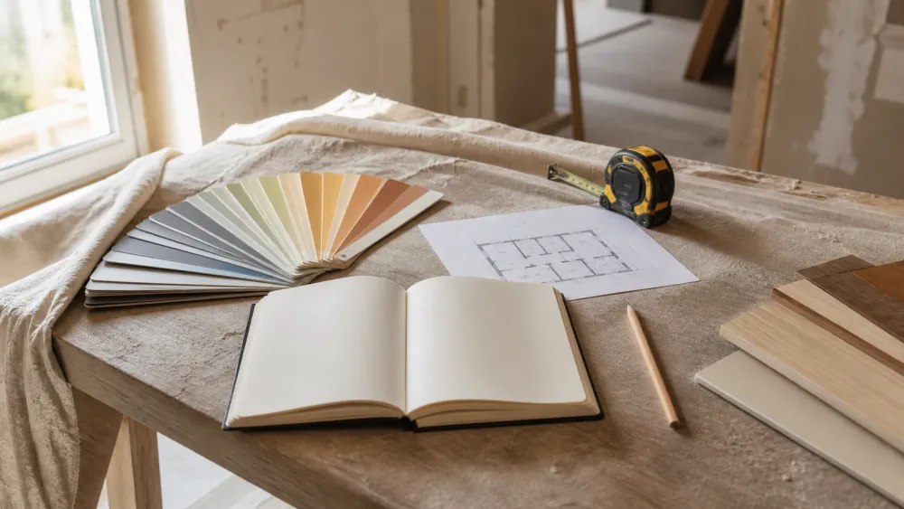 Carnet de rénovation avec nuancier peinture et plan de travaux sur une table