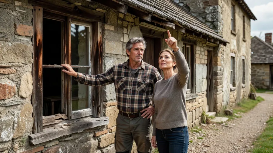 Couple examinant les menuiseries et la toiture d'une maison ancienne avant les travaux de rénovation durable