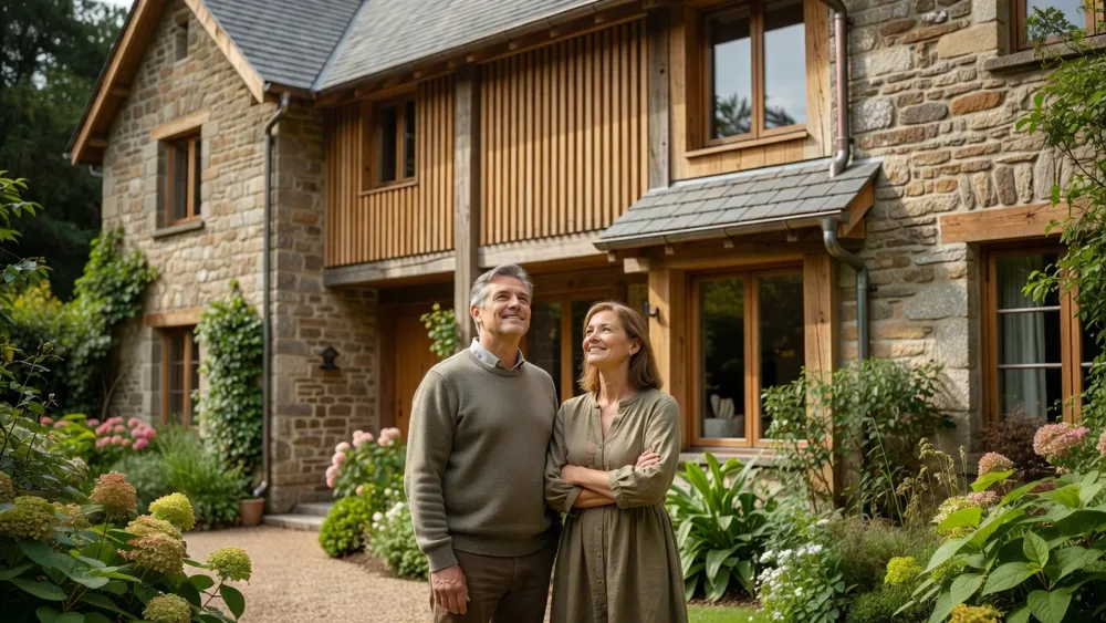 Vue extérieure d'une maison ancienne rénovée avec des matériaux durables préservant son charme