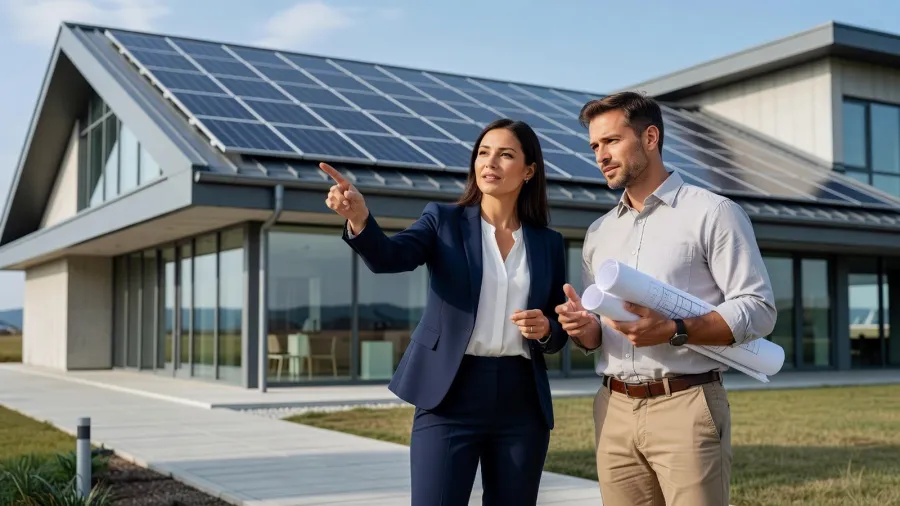Une conseillère et un client examinent les solutions de rénovation énergétique sur la façade d’un bâtiment récemment transformé.