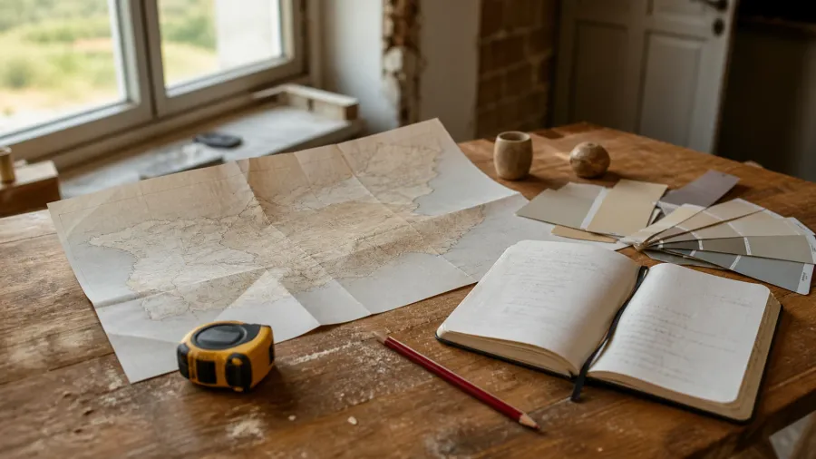 Carte, carnet de chantier et échantillons de peinture pour organiser un secteur d’intervention
