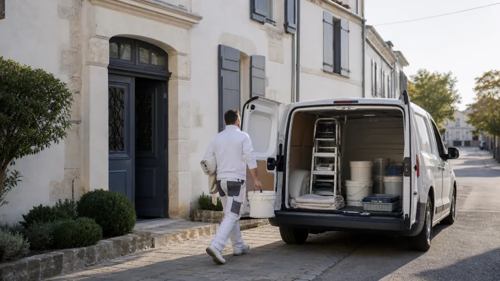 Artisan peintre arrivant sur un chantier de rénovation dans une rue de bourg