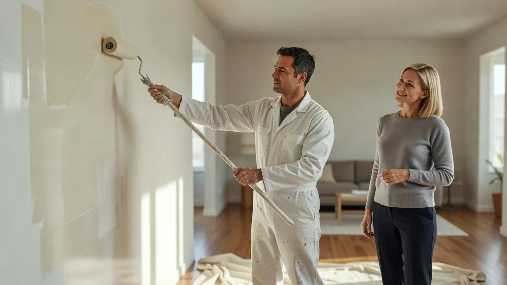Un peintre applique la peinture sur un mur intérieur pendant que la cliente supervise le chantier.